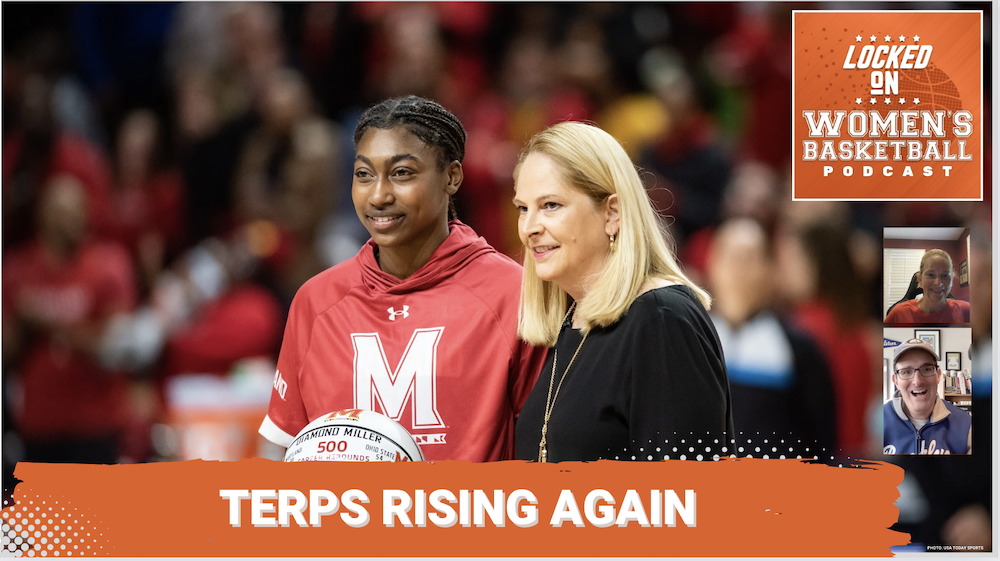 Maryland head coach Brenda Frese and star guard Diamond Miller smile for a photo with a ceremonial basketball. The text "Terps rising again" is overlaid at the bottom in all caps, and the orange Locked On Women's Basketball logo is in the top right corner.